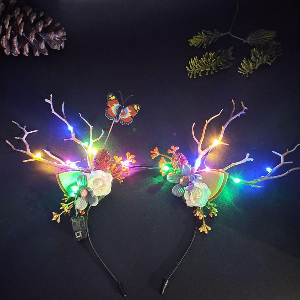 Clataly LED Light up Headband Glowing Reindeer Antlers Hair Accessories Luminous Tiara Christmas Party Hair Hoop Feather Headwear for Women (Color light B)