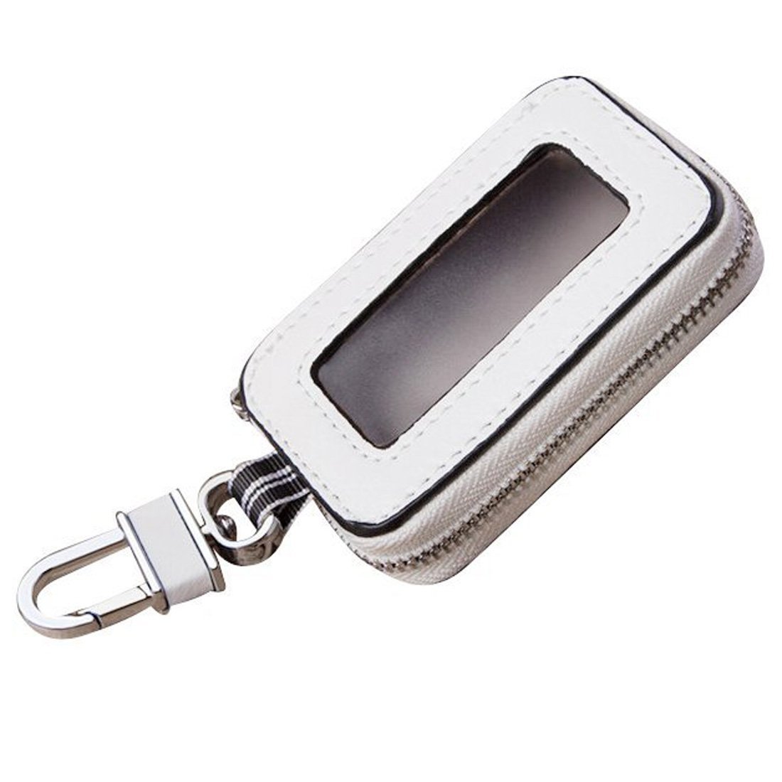 Esdrem Unisex Genuine Leather Car Key Holder Zippered Key Chain Case Pouch with Clear Window White