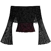 Verdusa Women's 70s Off The Shoulder Renaissance Bell Sleeve Mesh Crop Tops Whimsical Clothes