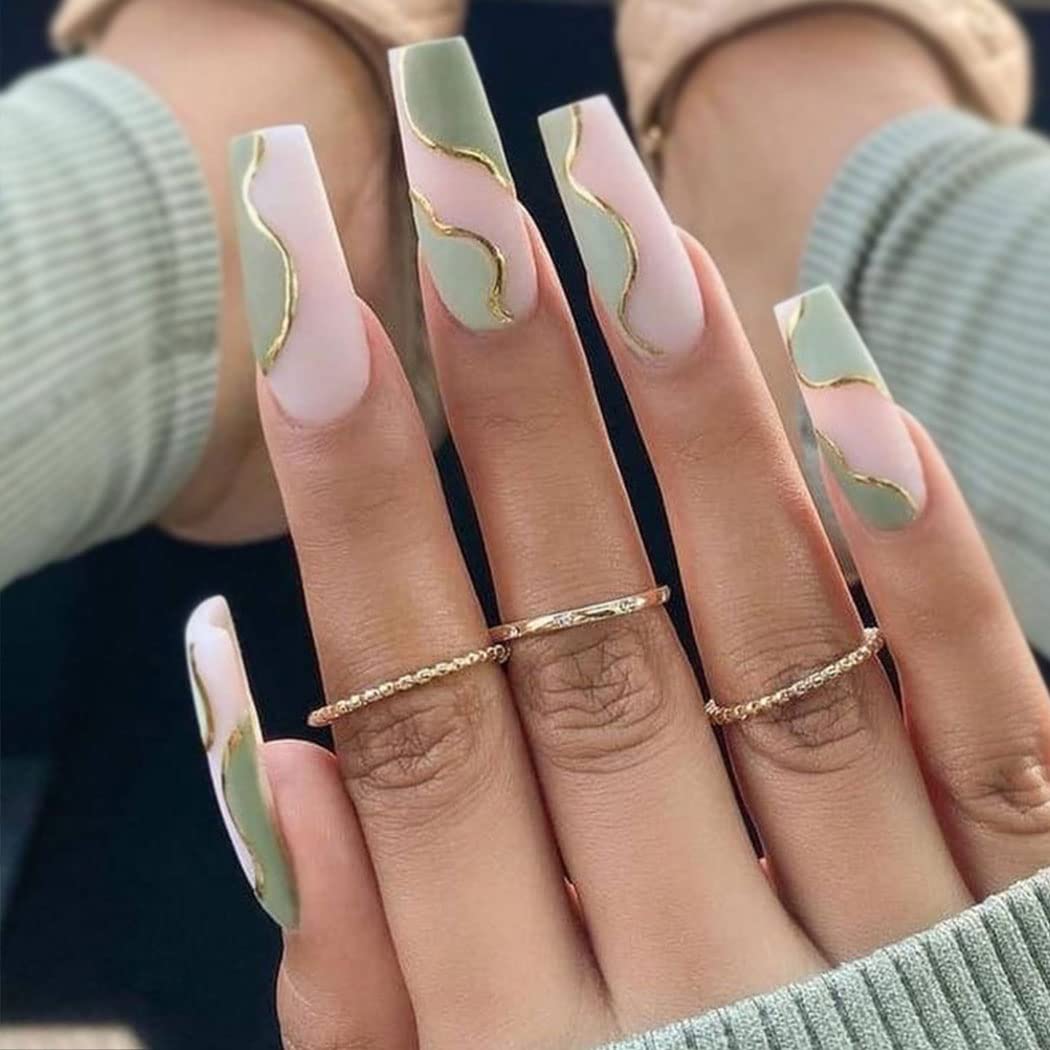 Vatocu Coffin Glossy False Nails - Long Red Pink Press on French Heart Fake Nude Full Cover Ballerina Acrylic Stick on for Women and Girls (24pcs) (Green)