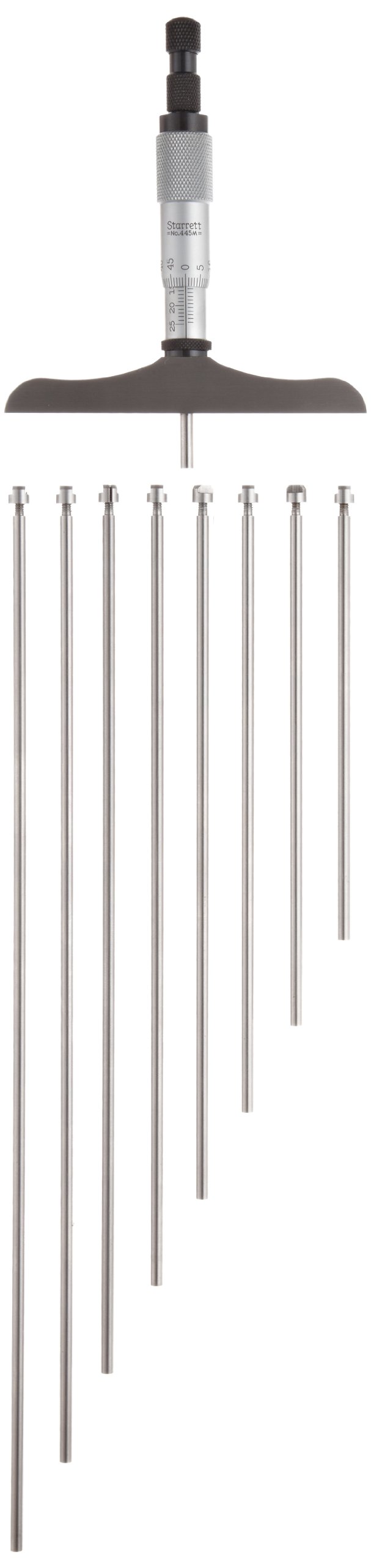 Starrett 445MBZ-75RL Vernier Depth Gauge, Ratchet Stop, Lock Nut, Micrometre Type, 0-75mm Range, 0.01mm Graduation, 100mm Base, 3 Rods, +/-0.002mm Accuracy