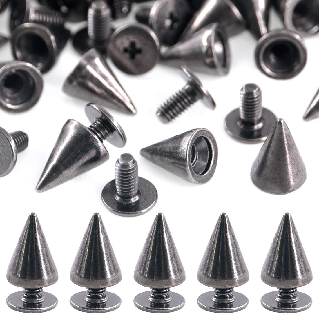 Swpeet 110 Pairs Gun-Black 7mm x 9.5mm Bullet Cone Spike and Stud Metal Screw Back for DIY Leather Craft Cool Rivets Punk Stud Coincal Layer — image 1