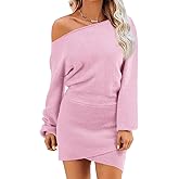 Wenrine Women's Off The Shoulder Sweater Dress 2025 Fall Winter Casual Long Sleeve Knit Slim Fit Pullover Mini Dresses