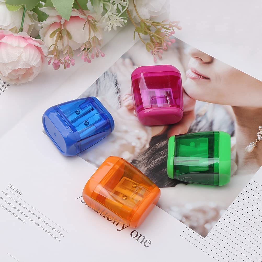 Pencil Sharpeners, 4pcs Pencil Sharpener Manual Colorful Dual Holes Compact Handheld Pencils Sharpener with Lid Portable Pencil Sharpener for Kids Adults School Office Home