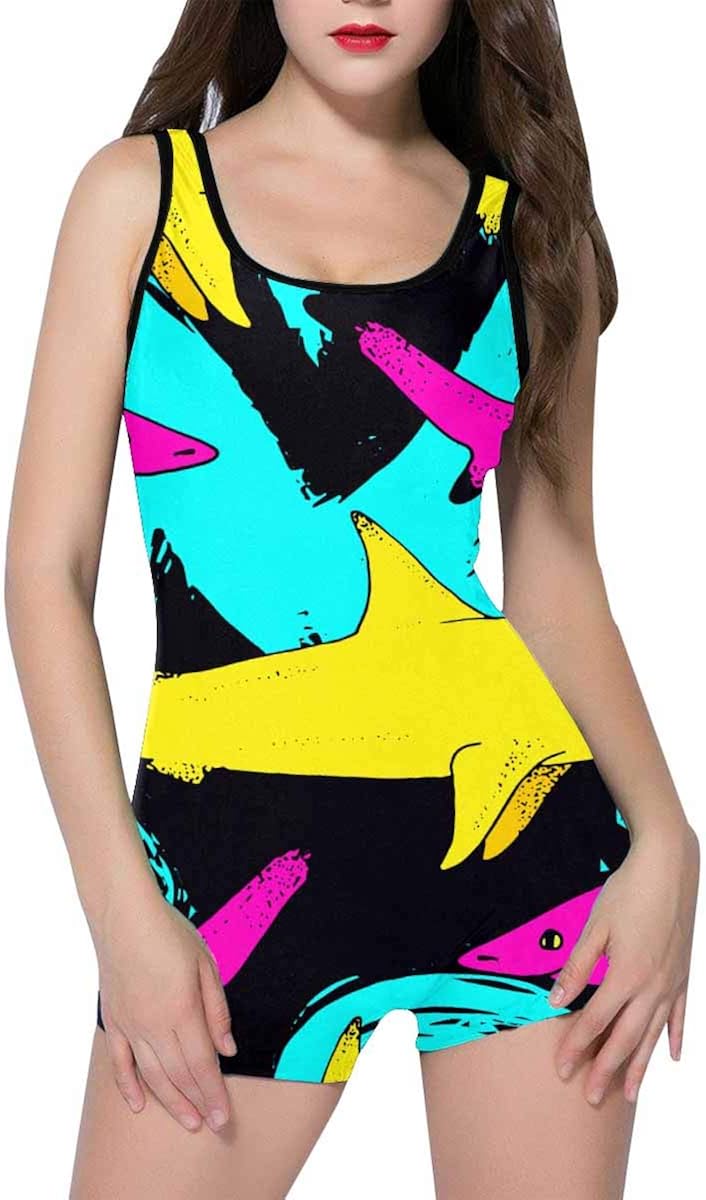 INTERESTPRINT Women's Bathing Suit Tank Top Boyleg One Piece Swimsuit Shark with Wild Sea Animal