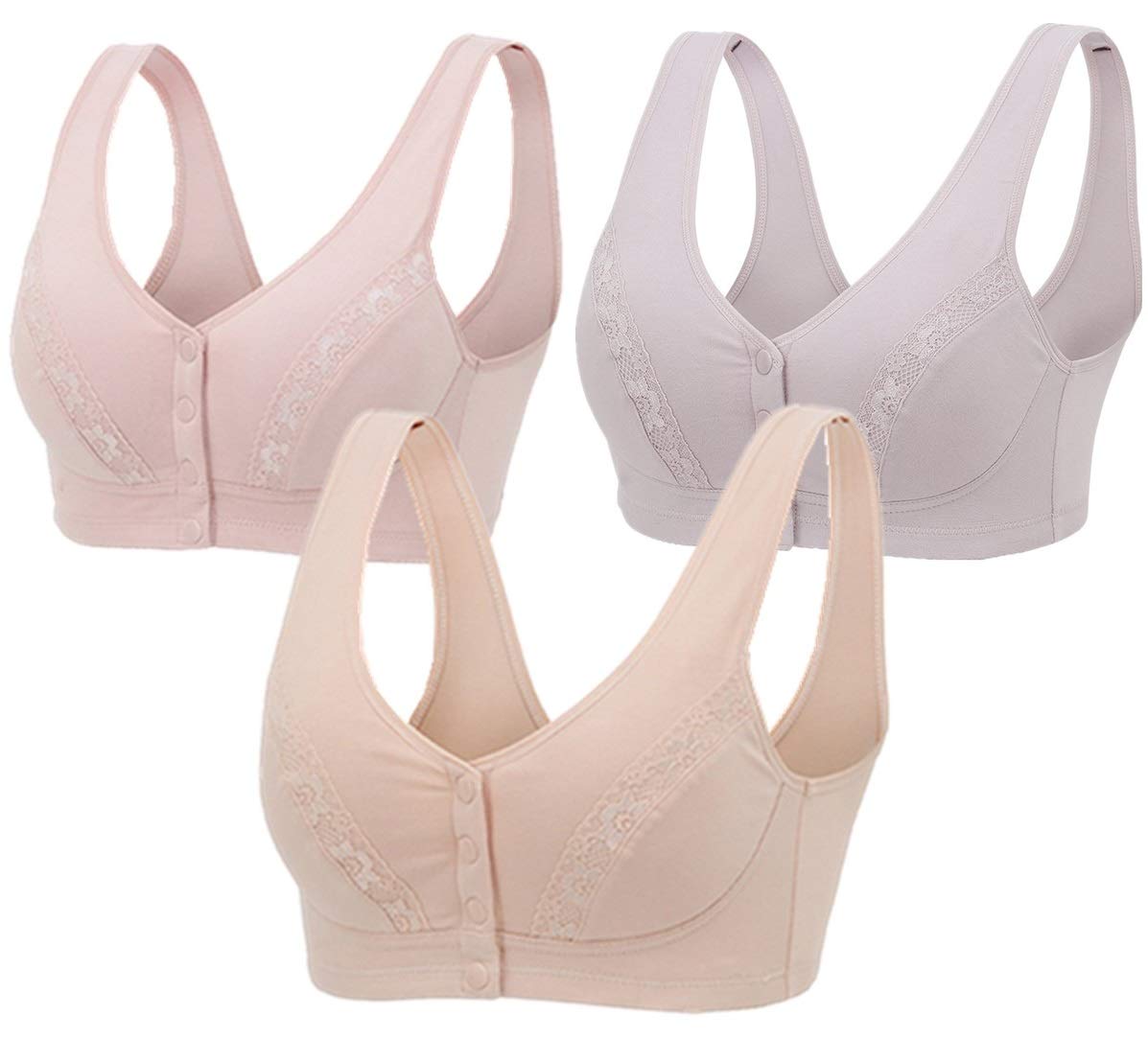 Photo 1 of 3 Pack Elderly Women Button Front Closure Bras Seamless Cotton Everyday Soft Cup (no Pads) Bras (42C, Pink & Nude & Purple)