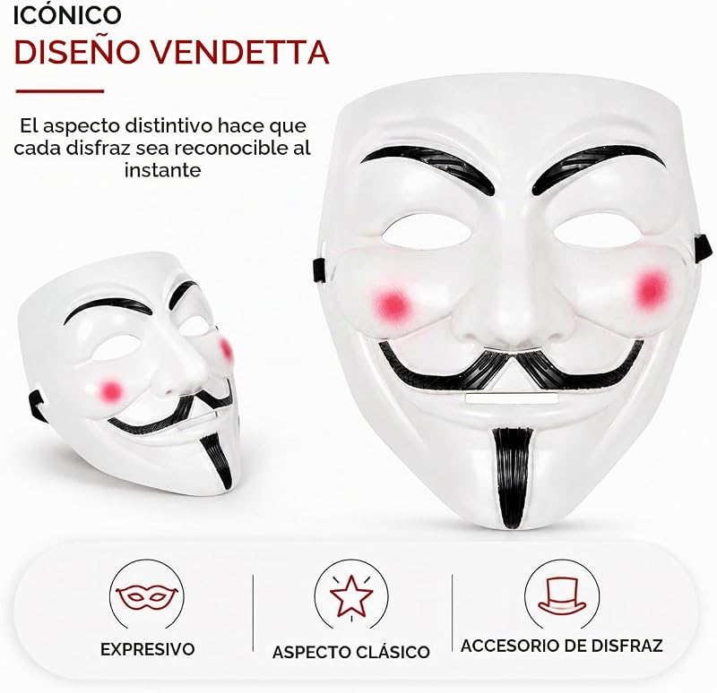 Máscara de Vendetta como Acessório de Fantasia para Homens, Mulheres, Crianças e Adultos para o Carnaval e Anónimos — foto 6 de 8