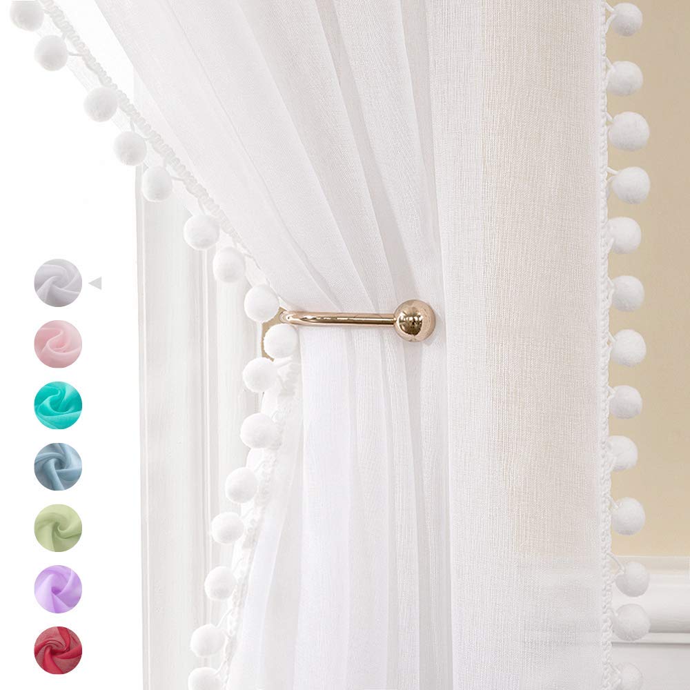 MIULEE White Linen Textured Window Sheer Curtains with Pom Pom for Christmas Bedroom Living Room Semi Transparent Kids Voile Panels for Light Filtering W 54 x L 96 Inches 2 Pieces White
