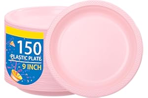 WELLIFE Pink Plastic Plates 9 Inch -150 Count for Party, Disposable Plastic Party Plates for Easter Mother's Day Baby Shower Dinner Dessert Cake Light Pink