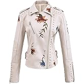 YILANUOYI Women's Embroidered Studded Faux Leather Jacket Moto Punk Jacket Floral Coat