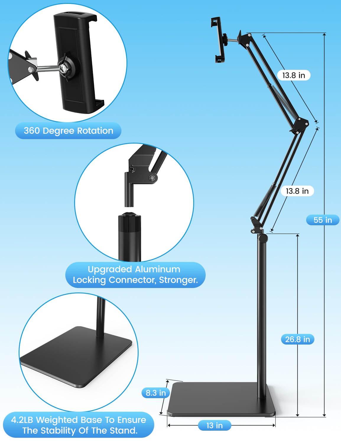 Tablet Floor Stand with 4.2LB Base,Overhead Bed Phone Stand Angle Height Adjustable Tablet Holder Bed,Phone Stand for iPad/iPhoneX/iPad Pro Air Mini, Samsung Tab,E-Readers…