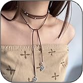 Aonklot Boho Long Leather Necklace for Women Brown Black Rope Heart Pendant Choker Necklaces Dainty Simple Chocolate Brown Matching Set Bohemian Dresses Accessories Trendy Jewelry Gifts