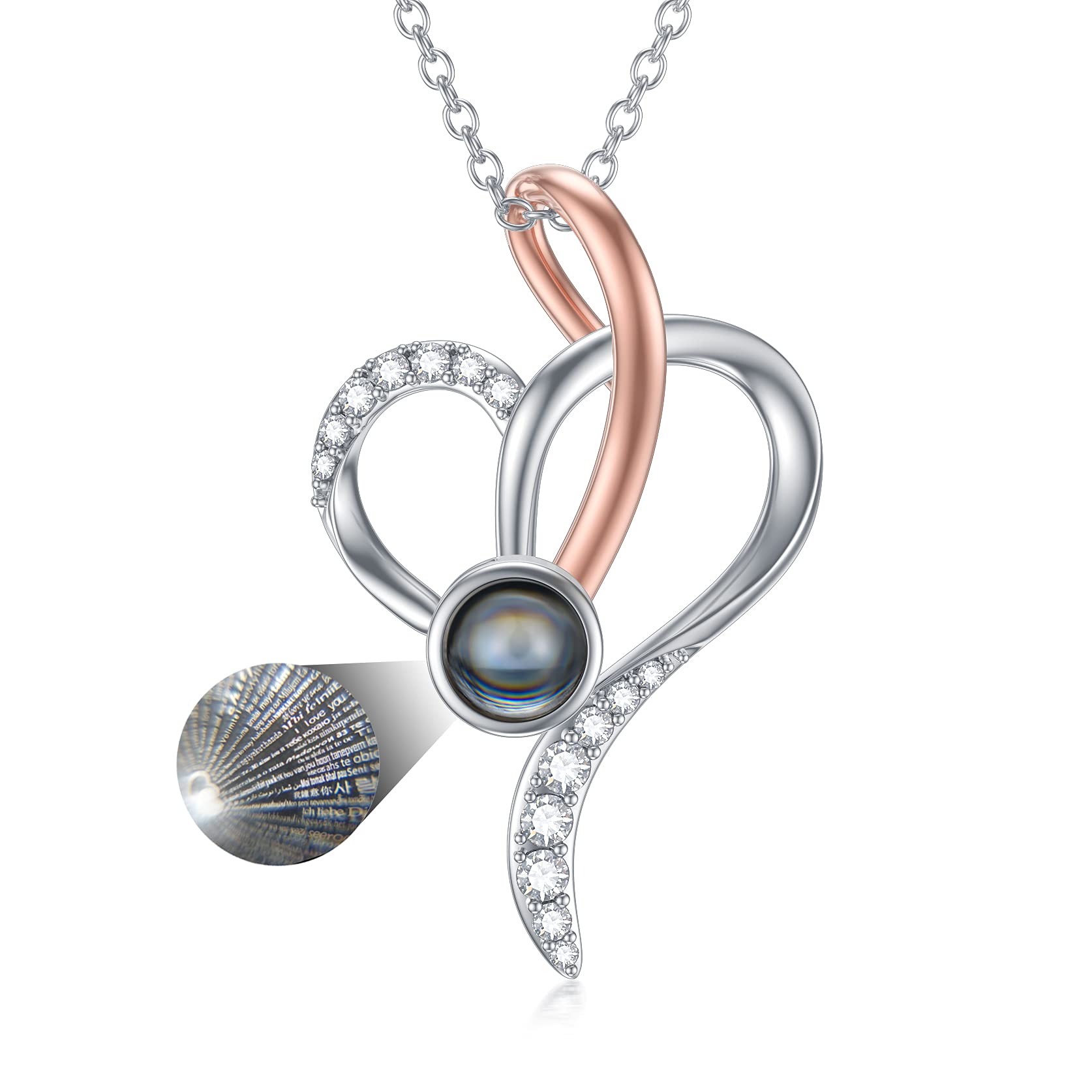 MUUYON Personalized Photo I Love You Necklace 100 Languages Customized Projection Necklace Heart Necklace for Women (Only 100 language)