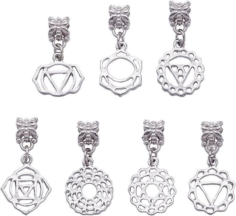 Beadthoven 30pcs Chakra Flower Energy Meditation European Dangle Beads Mixed Platinum Color Large Hole Chakras Charms with for DIY European Bracelet Necklace Jewelry Making Accessory