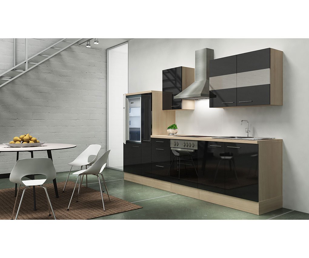 respekta Premium Cocina 300 cm Acacia Negro Brillante Nevera ...