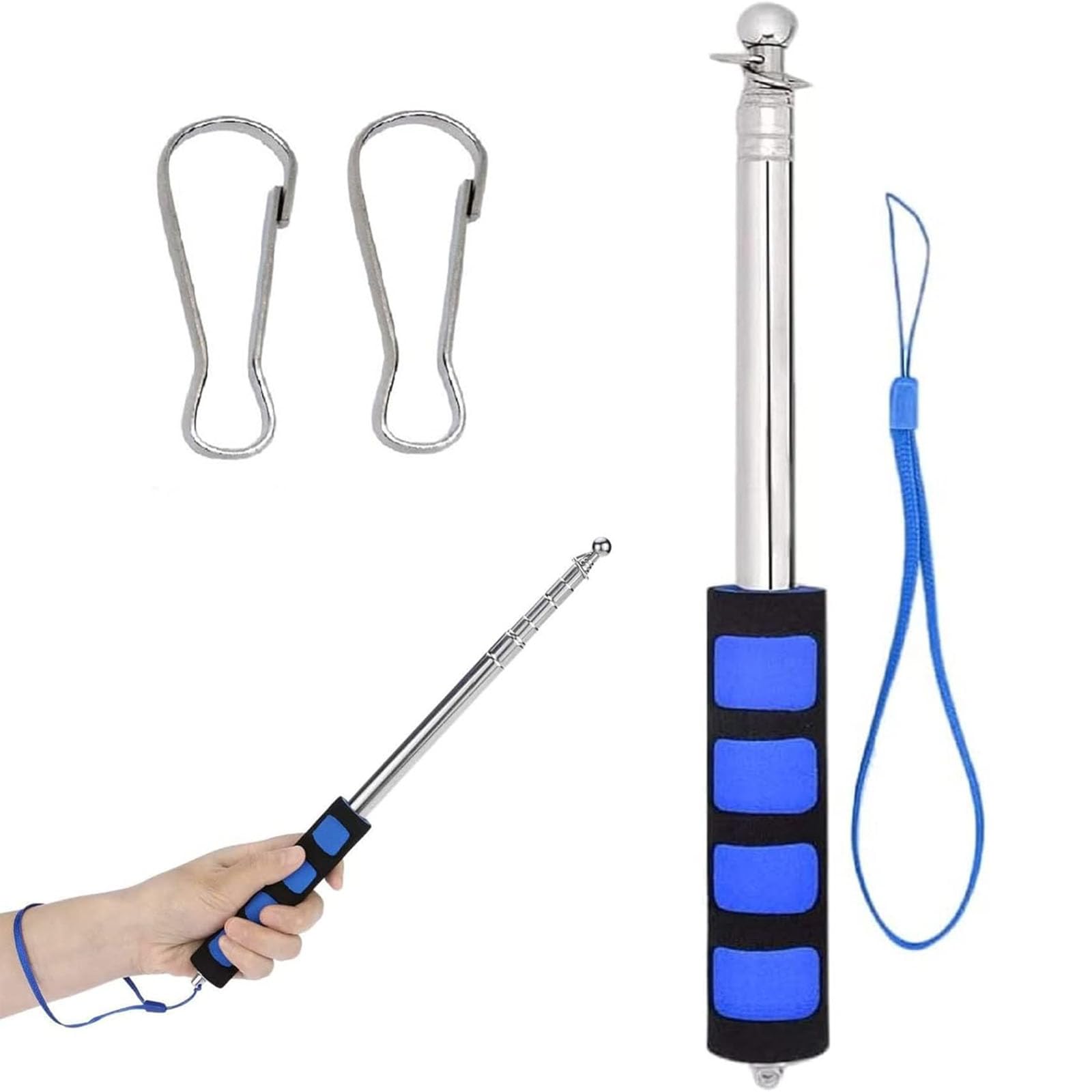 Stainless Steel Handheld Flag Pole,Tour Guide Flag Pole,Telescopic Flag Pole,2 m Portable Telescopic Pole for Camping with Lanyard and 2 Clips,Suitable for travel,Camping,Teachers,Speeches,Blue