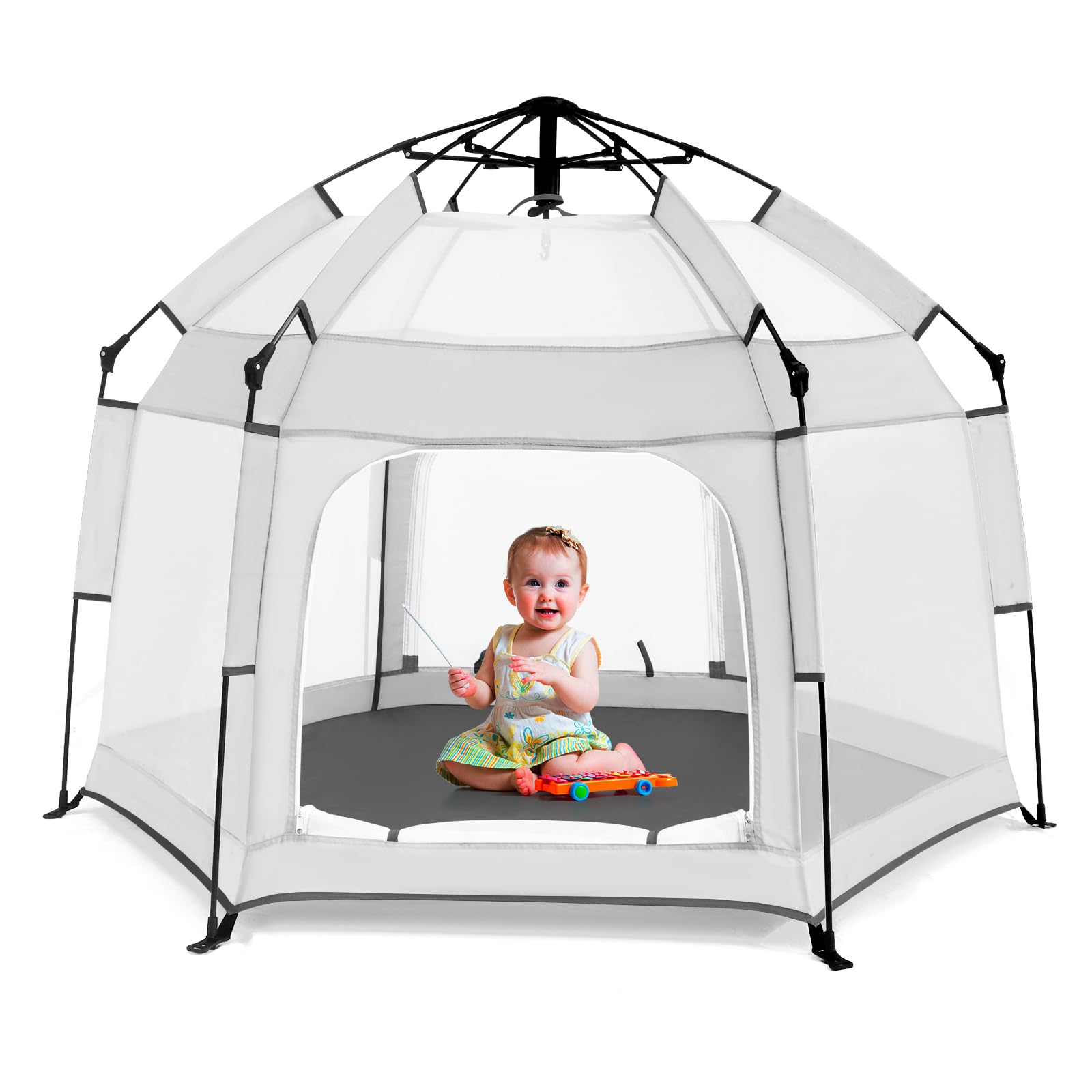 Photo 1 of Bend River Baby Playpen with Canopy, Portable Baby Beach Tent, Toddler Play Yard Indoor and Outdoor, Foldable Mosquito Net for Infant - Light Grey