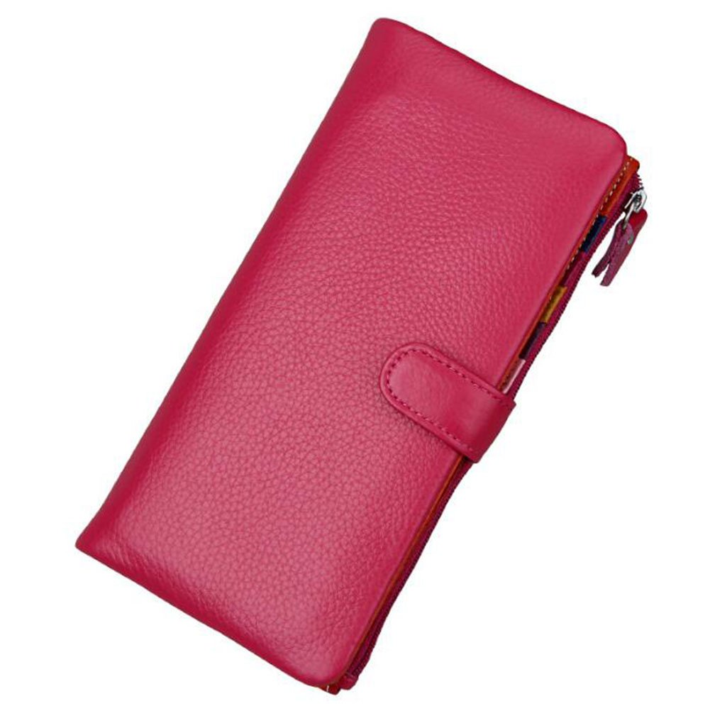 AprinCtempsD Women's Wallet Genuine Leather Ladies Clutch Colorful Purse Long Credit Card Organizer Large Capacity with Zipper (Rose)