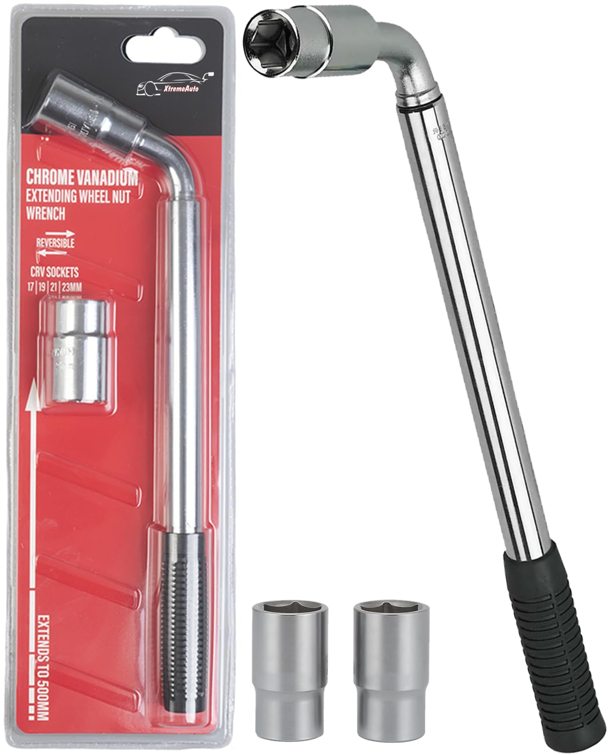 XtremeAuto Wheel Brace for Car, Universal Telescopic Wheel Wrench, 17mm, 19mm, 21mm & 23mm with Reversible Sockets, Extendable Car Lug Wrenches, Compact Emergency Car Breakdown Essential