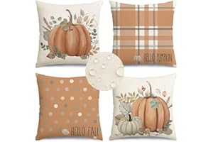RABUSOFA Fall Outdoor Pillows Waterproof,Fall Pillow Covers 18x18 Set of 4,Hello Pumpkin Hello Fall Pillows Decorative Throw Pillows,Polka Dot Autumn Thanksgiving Eucalyptus Cushion Covers Orange