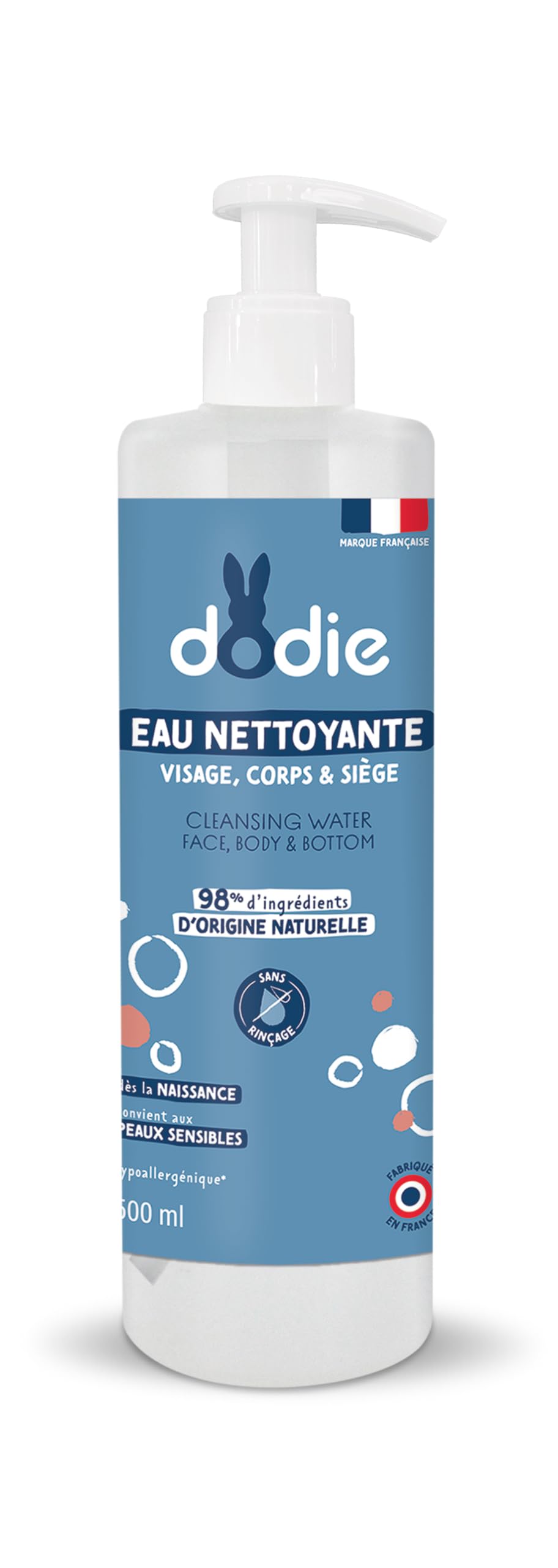 Dodie Cleansing Water 3 in 1 (500 ml), Face, Body and Pore Cleaning, 98% Ingredients of Natural Origin, Hypoallergenic, from Birth