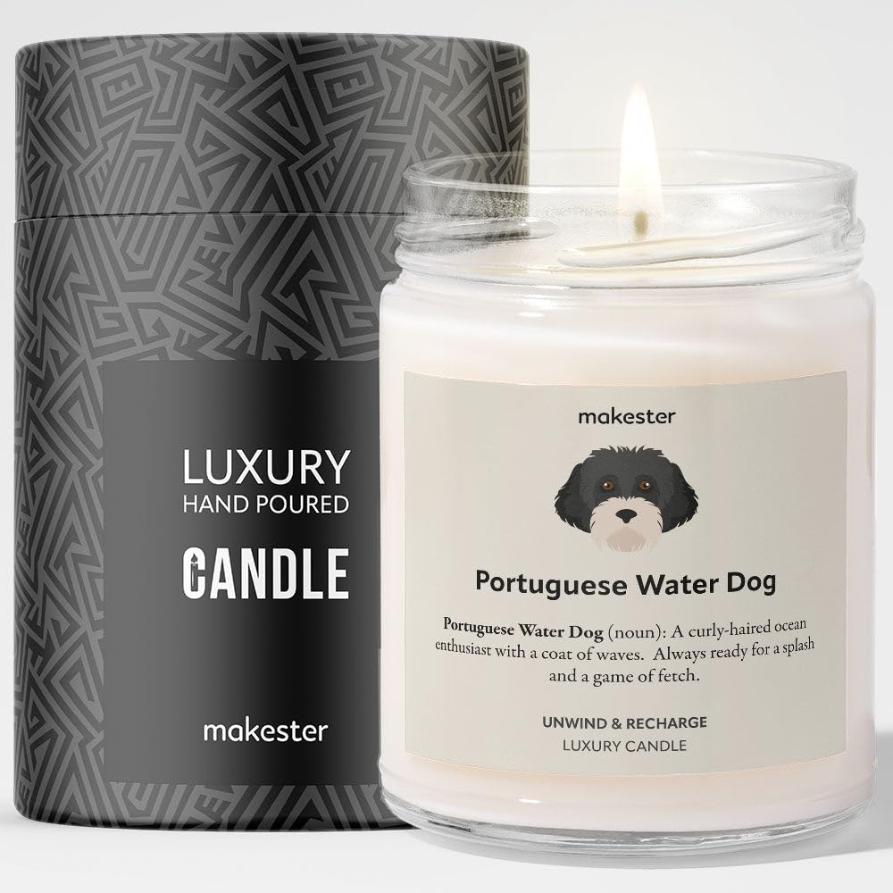 Portuguese Water Dog Gifts - Luxury Soy Wax Candle - Vanilla, Jasmine, Sugared Almond - Makester