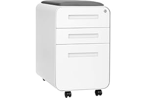 Laura Davidson Furniture STOCKPILE Curve Seated 3-Drawer Mobile File Cabinet with Removable Magnetic Cushion Seat - Metal Filing Cabinet, Pre-Assembled, White with Dark Grey Cushion