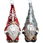 Set of 2 Hanging Glass Gnome Christmas Ornaments, Hand Blown Glass Gnome Ornaments for Christmas Tree Decorations