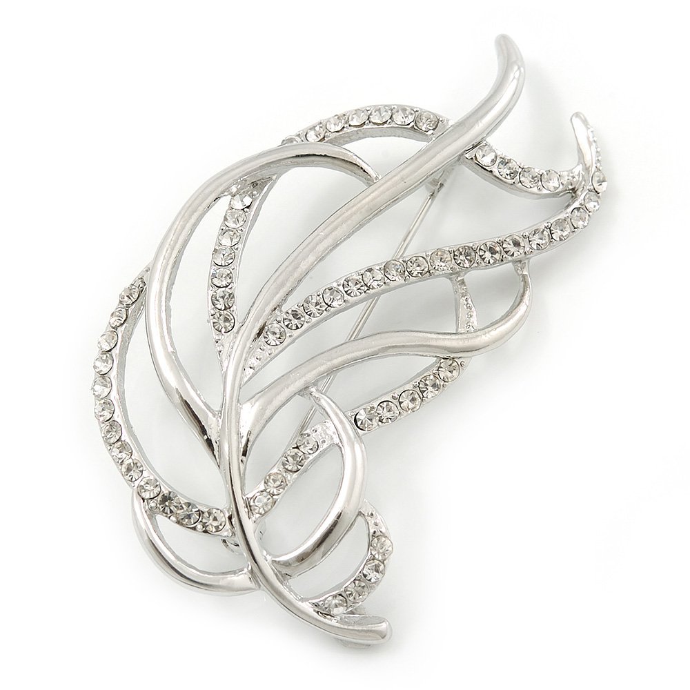 Delicate Crystal 'Leaf' Brooch In Rhodium Plating - 60mm Across