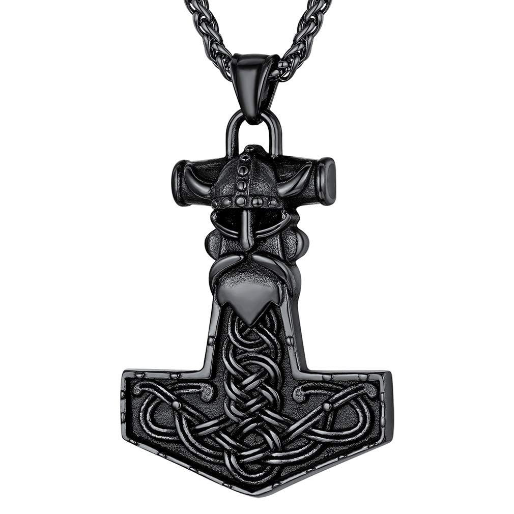 FaithHeart Viking Hammer Necklace Stainless Steel Retro Style Nordic Mjolnir Pendant Norse Mythology Jewellery Black Viking Gifts for Male