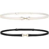 JASGOOD 2 Pack Women Skinny Faux Leather Belts Thin Waist Belts With Adjustable Gold Buckle for Dresses Jeans