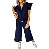 SHEWIN 2 Piece Sets Outfits for Women V Neck Collared Ruffle Short Sleeve Polo Shirts Quarter Zip Pullover Tops Lounge Set