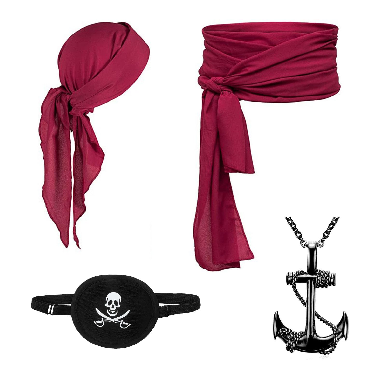 MUNSKT 4-Piece Medieval Renaissance Pirate Costume Set - Bandana, Large Sash Belt, Eye Patch, Necklace - Accessories for Adult Men's Party
