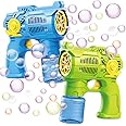 Set of Two Bubble Shooter Guns Green & Blue Bubble Blaster Toy Gun, 2 Bottles of Bubble Refill Solution and Batteries Included