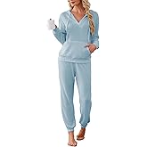 Famulily 2 Pieces Ribbed Knit Outfits Drawstring Hoodies Jogger Pants Matching Pajama Sets with Pockets