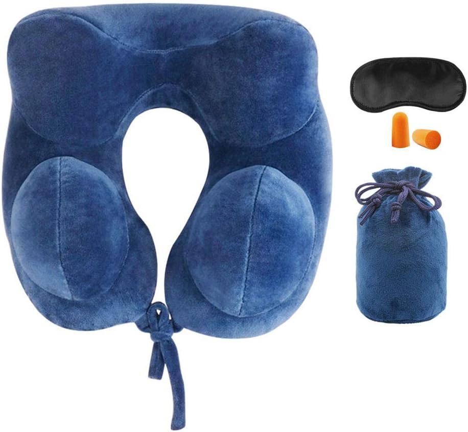 Inflatable U Shape Neck Pillow Portable Headrest Support Travelling Rest Kit with Eye Mask, Ear Plugs & Drawstring Pouch for Train Car Driving Airplane Flight
