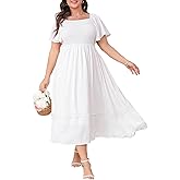 Plus Size Maxi Dresses for Curvy Women Short Sleeve Square Neck Smocked Flowy Formal Wedding Guest Dress Lace Trim
