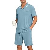 PrinStory Mens Pajamas Set Summer Pjs Sets Lightweight Short Sleeve Pajama Soft Sleepwear Loungewear with Pockets
