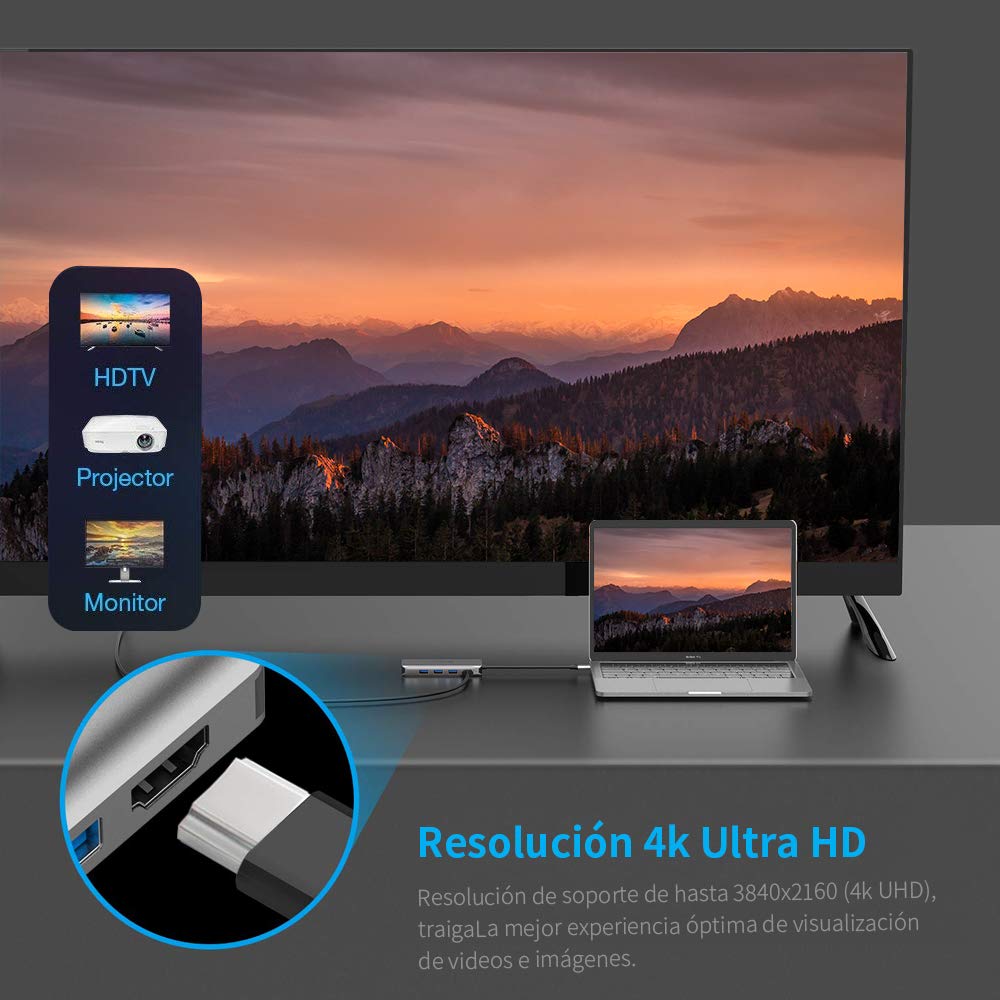 LOBKIN Hub USB-C 8 en 1 con Carga PD, Fabricado en Aluminio, Puerto ethernet, Salida HDMI 4K, 4 USB 3.0, Ranura SD y Micro SD, Puerto de Carga Tipo C