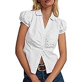 Cicy Bell Womens Short Puff Sleeve Button Down Shirts Summer V Neck Ruched Cotton Tops Casual Dressy Slim Fit Blouses