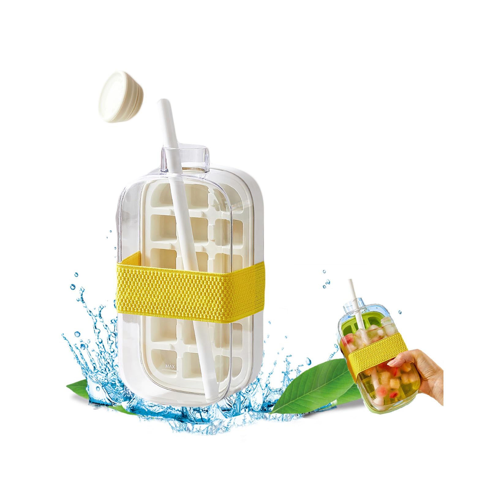 Photo 1 of 2-in-1 Ice Cube Bottle with Straw - Easy Press Ice Tray Water Bottle, Leak Proof Lid, Vertical Ice Maker for Freezer, Travel, Gym & Home Use (White, 800ml)