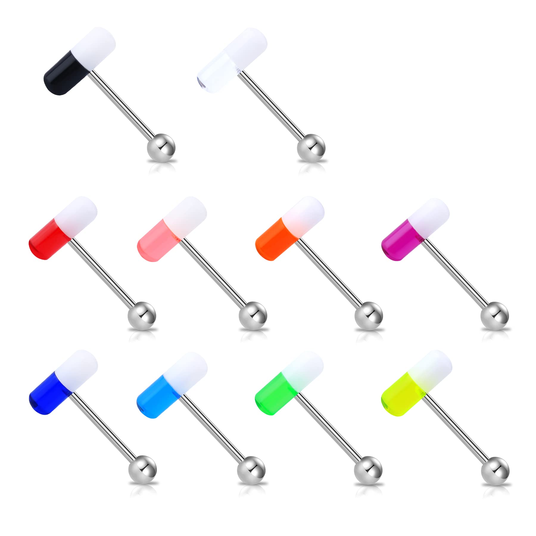 Melighting 14G Pill Tongue Bars Set 10pcs Tongue Rings Surgical Steel 316L Tongue Piercing Jewellery Tongue Barbells Plastic Tongue Piercing Bars