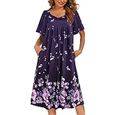 Ekouaer Women's House Dress - Pleated Nightgown with Short Sleeves & Pockets