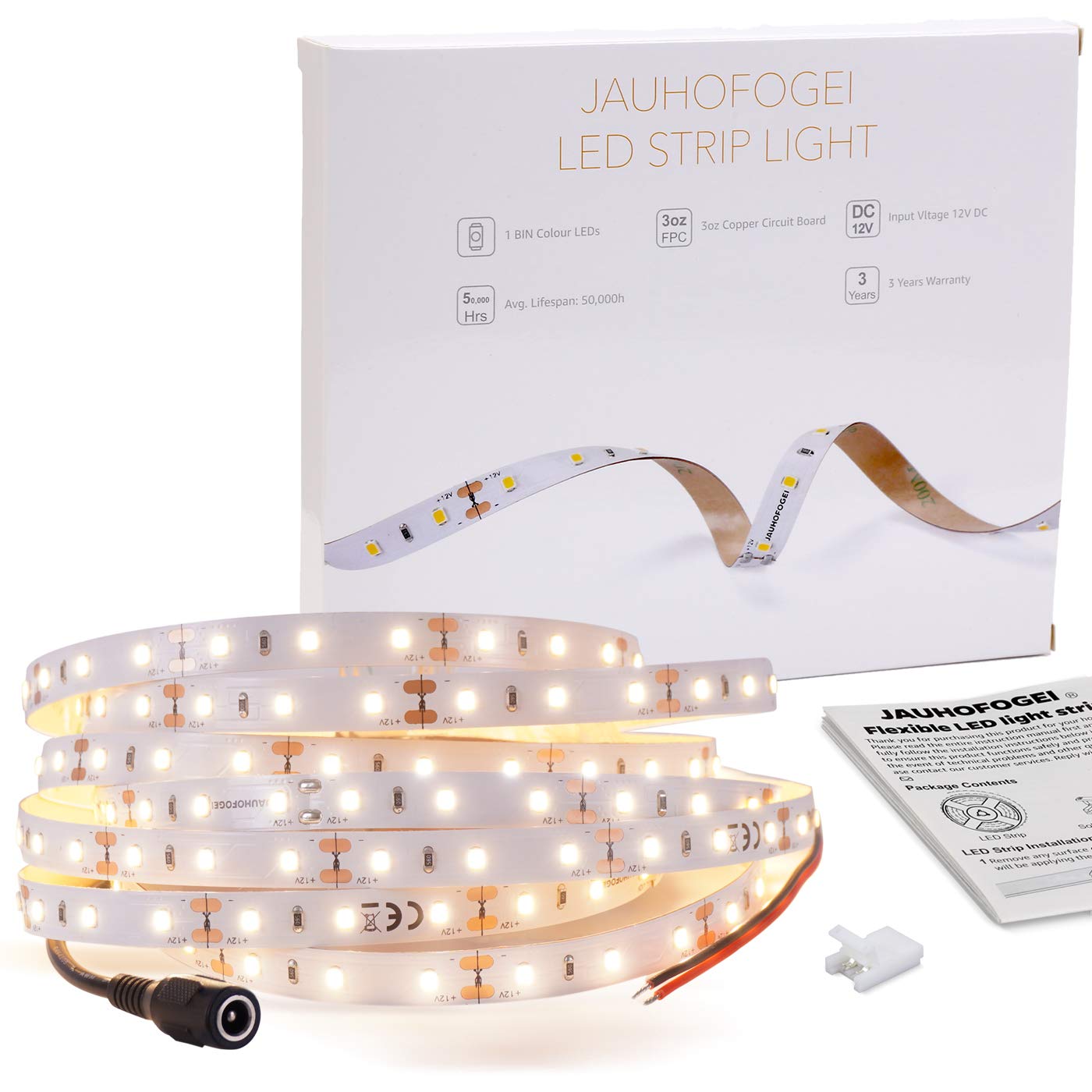 JAUHOFOGEI LED Strip Lights Warm White 12V 5M 6000lm, Super Bright 16ft Flexible Tape Light Cuttable for Kitchen Cabinet Counter Cupboard Shelf Mirror Bed Room and More (12V Power Supply Required)