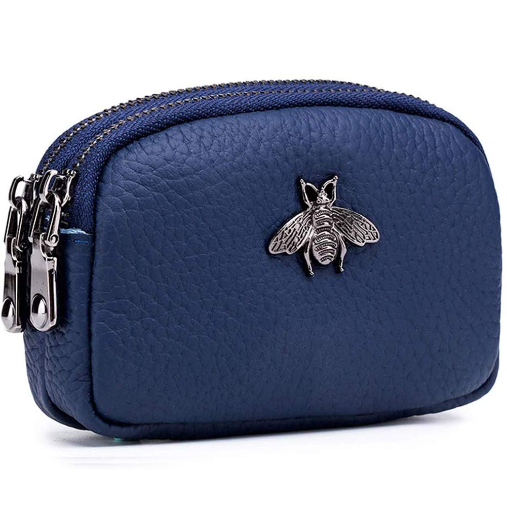 Alouweekuky Genuine Leather Coin Purse Women Large Capacity,Small Portable Purses for Women with Zip,Ladies Purse for Change Coins Credit Cards Keys Earphones Lipstick Storage(Blue)