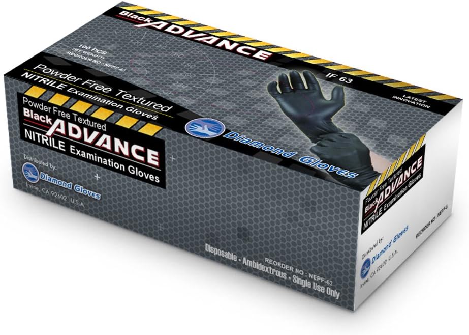 Black Advance Nitrile Examination Powder Free Gloves, Black