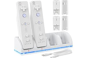 LA NREUCETS 4 Ports Controller Charger for Wii/Wii U Remotes, Controller Charger Dock Station with 4 Pack 2800mAh Rechargeable Battery and 39 Inches Charging Cable, Not Included Remote and Adapter