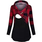 Quinee Women's Long Sleeve Plaid Colorblock Nursing Pullover Hoodie Sweatshirts