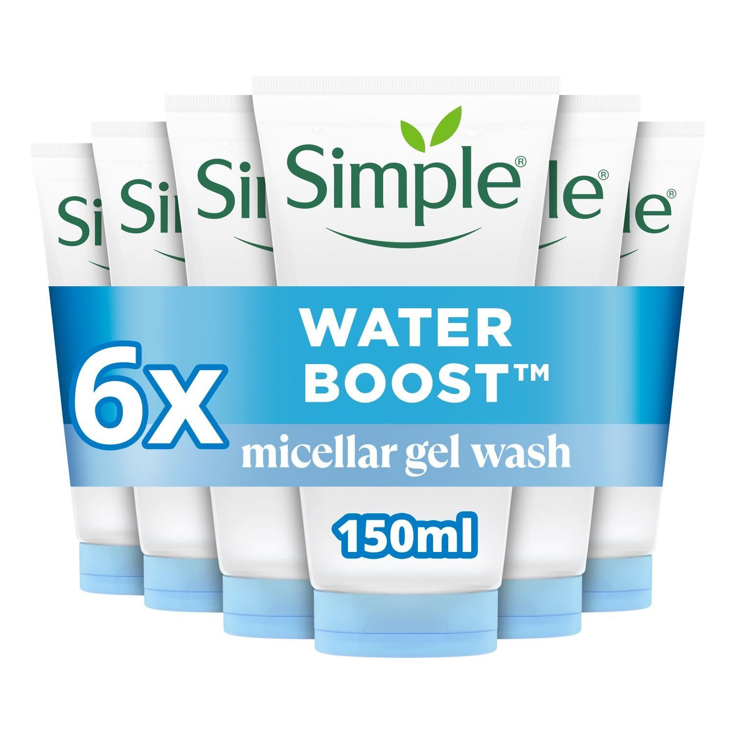 Simple Water Boost Micellar Gel Face Wash - 100% Soap-Free Face Cleanser, deeply hydrates dry & sensitive skin for a revitalised & dewy complexion 6x 150 ml