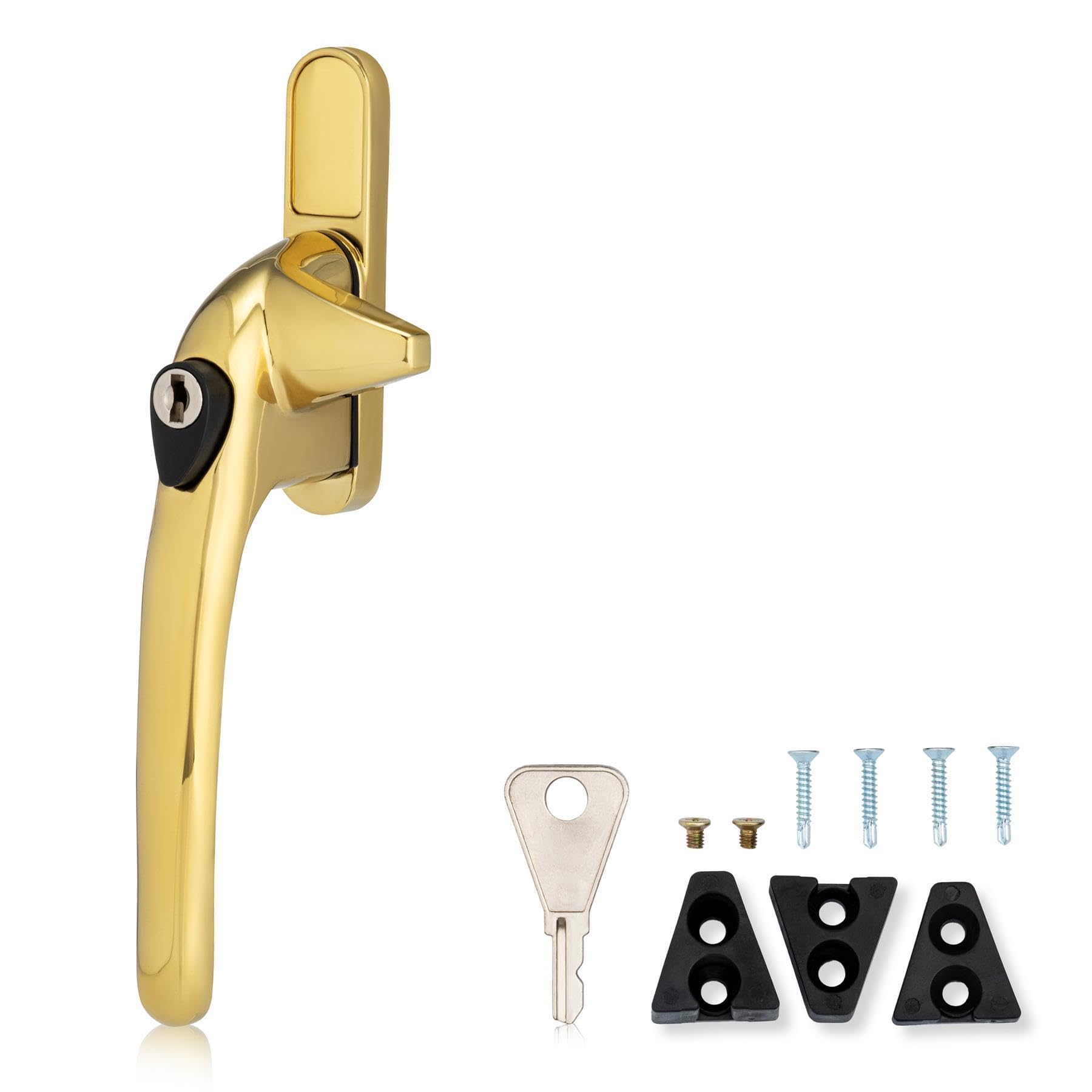 XFORT Locking Cockspur Window Handle Installation Kit in Polished Brass, Left Hand UPVC Window Handle Replacement, Lockable Window Lever
